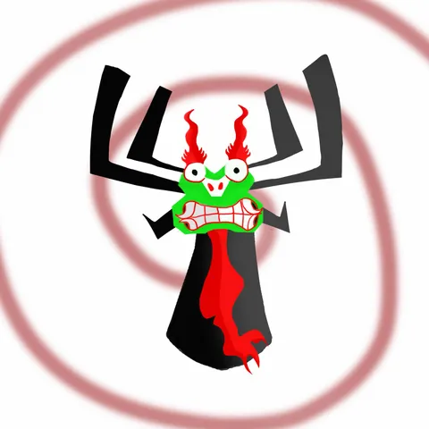 Fan art of Aku from Samurai Jack: a black horned silhouette with a green face, flaming red eyebrows and gritted teeth, over a red spiral.