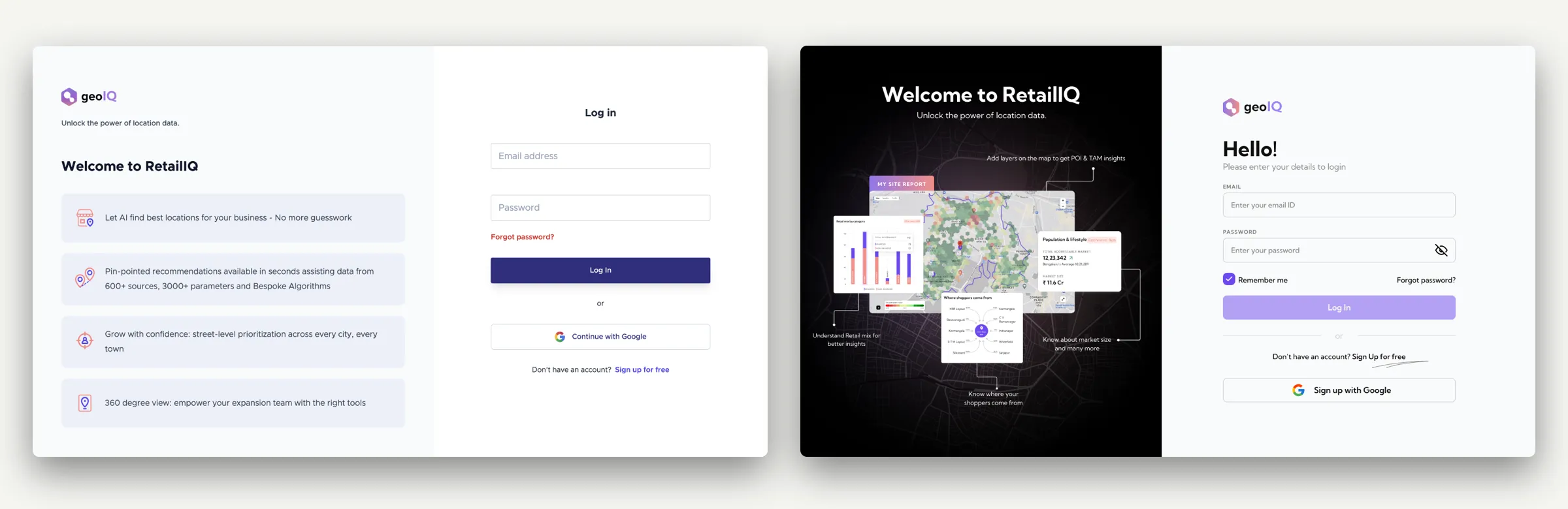 Old versus new login. Old, left: 'Welcome to RetailIQ' with four feature cards (AI-found locations, pin-pointed recommendations from 600+ sources, street-level prioritisation, a 360-degree view) beside a plain login form. New, right: a dark panel reading 'Welcome to RetailIQ, Unlock the power of location data', showing a site report assembled from its parts (retail mix, a map, population and lifestyle, where shoppers come from), beside a 'Hello!' login form with Google sign-up.