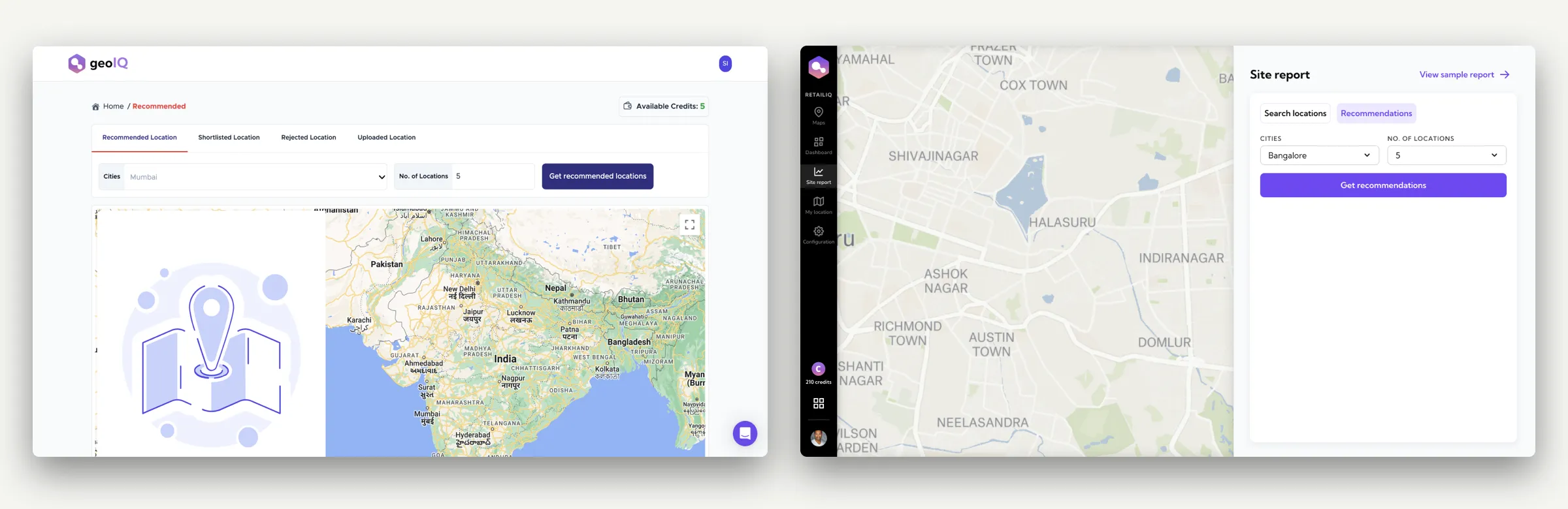 Old versus new recommendations. Old, left: a Recommended page with tabs for recommended, shortlisted, rejected and uploaded locations, a city dropdown, a number of locations and a button, above an empty illustration and a map of India. New, right: the Site report screen with the vertical nav, a map of Bengaluru, and a panel with Search locations and Recommendations tabs, a city and number of locations, Get recommendations, and a View sample report link.