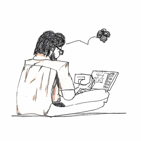 A pen and pencil sketch of a man from behind, sitting on the floor with a phone and a pad controller in his lap.