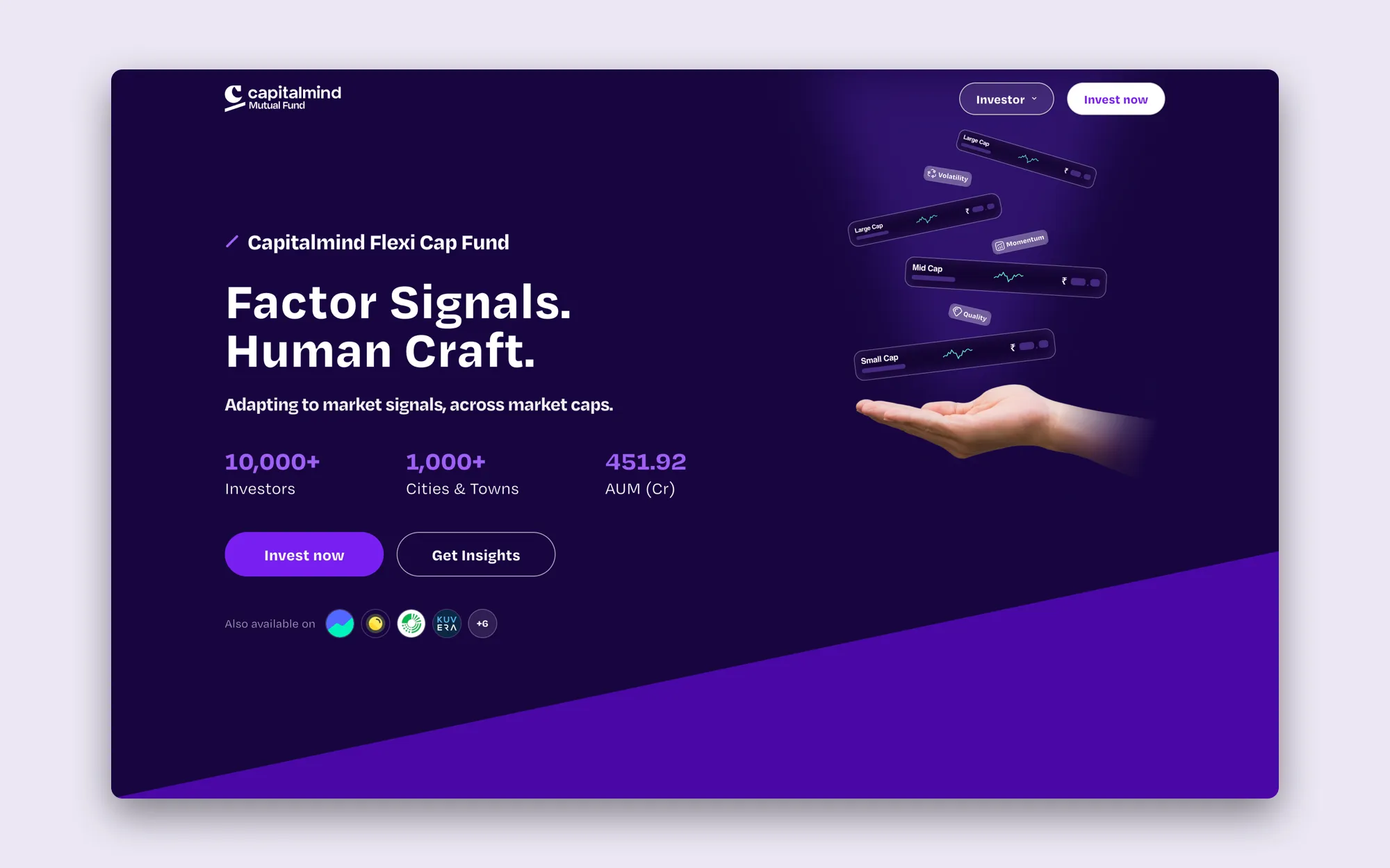 The Capitalmind Flexi Cap Fund landing page hero on the web: 'Factor Signals. Human Craft.' on dark violet, with investor, city and AUM figures, Invest now and Get insights buttons, and an open hand holding up floating factor cards.