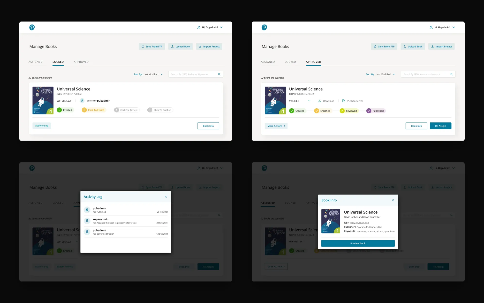 Four Quick Author screens from later in a book's life: a book locked by pubadmin, the Approved tab with a book marked Created, Reviewed, Enriched and Published, the Activity Log, and Book Info with a Preview book button.