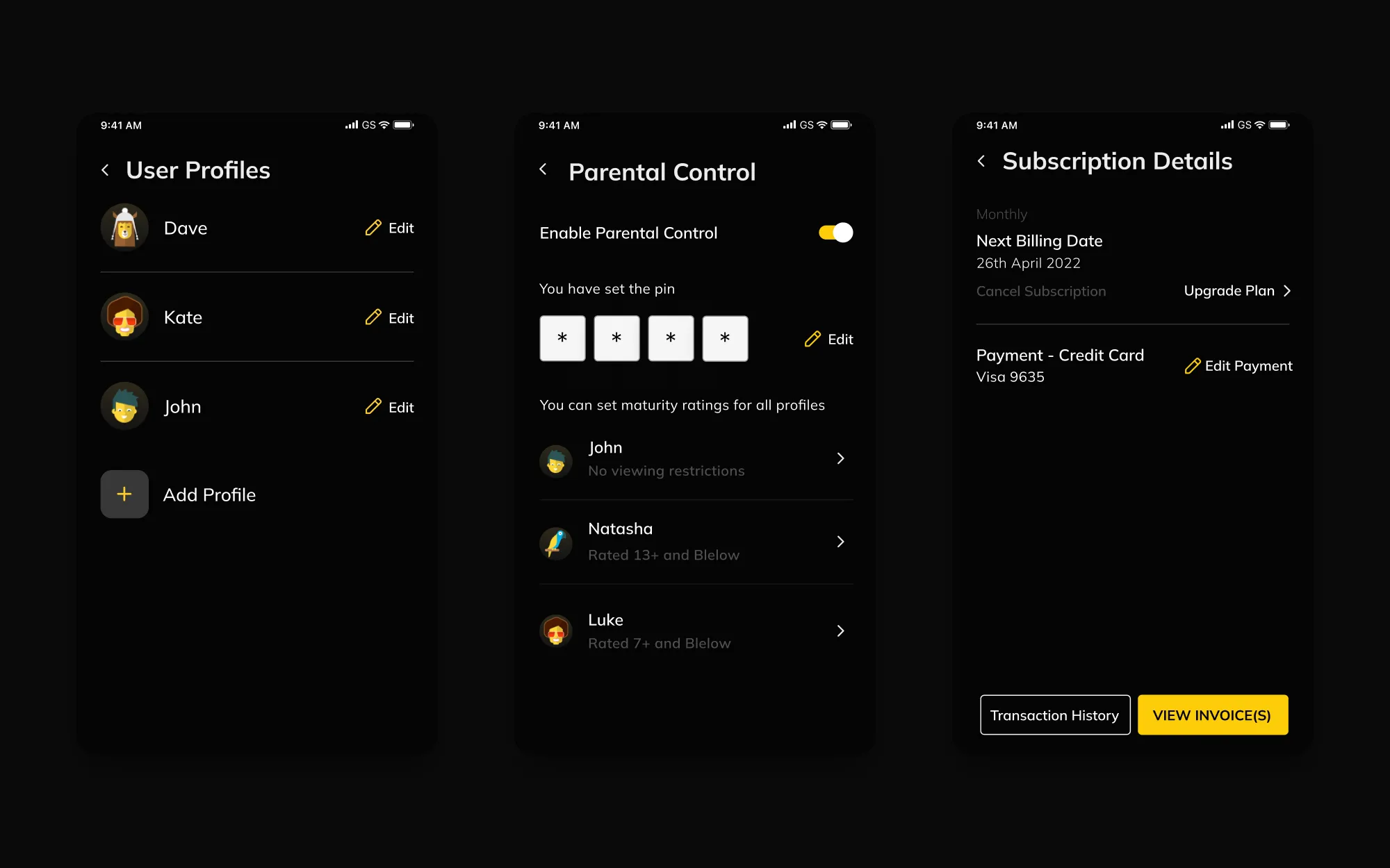 Three phone screens from Pantaya account settings: User Profiles with Dave, Kate and John and Add Profile; Parental Control with a four-digit pin and maturity ratings per profile; and Subscription Details with the next billing date, the card on file, Transaction History and View Invoice(s).