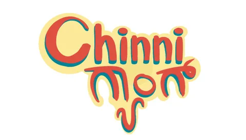 The word Chinni in English and Kannada lettering, red with a teal drop shadow on a pale yellow sticker shape.
