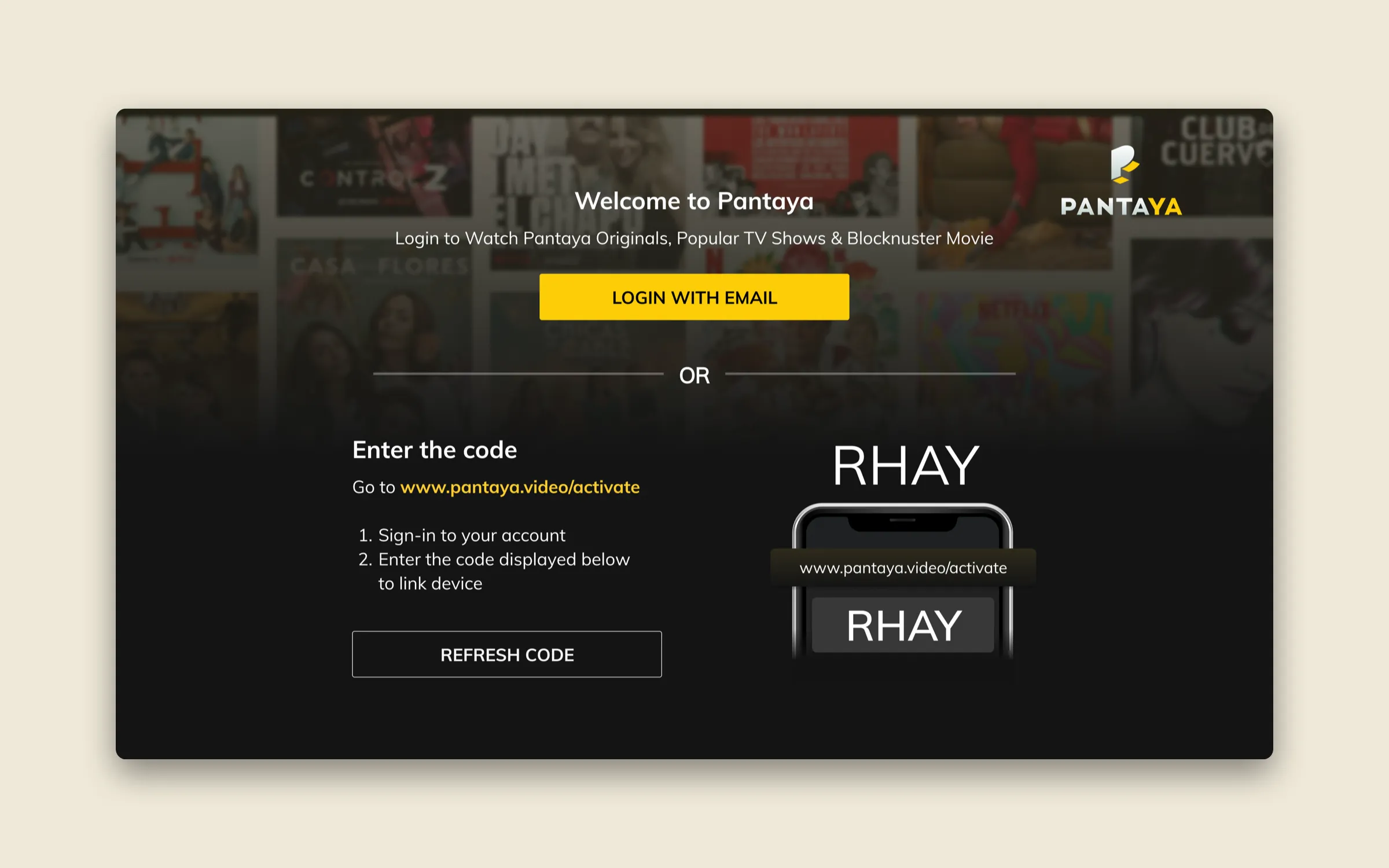 Pantaya's TV onboarding screen for linking an account.