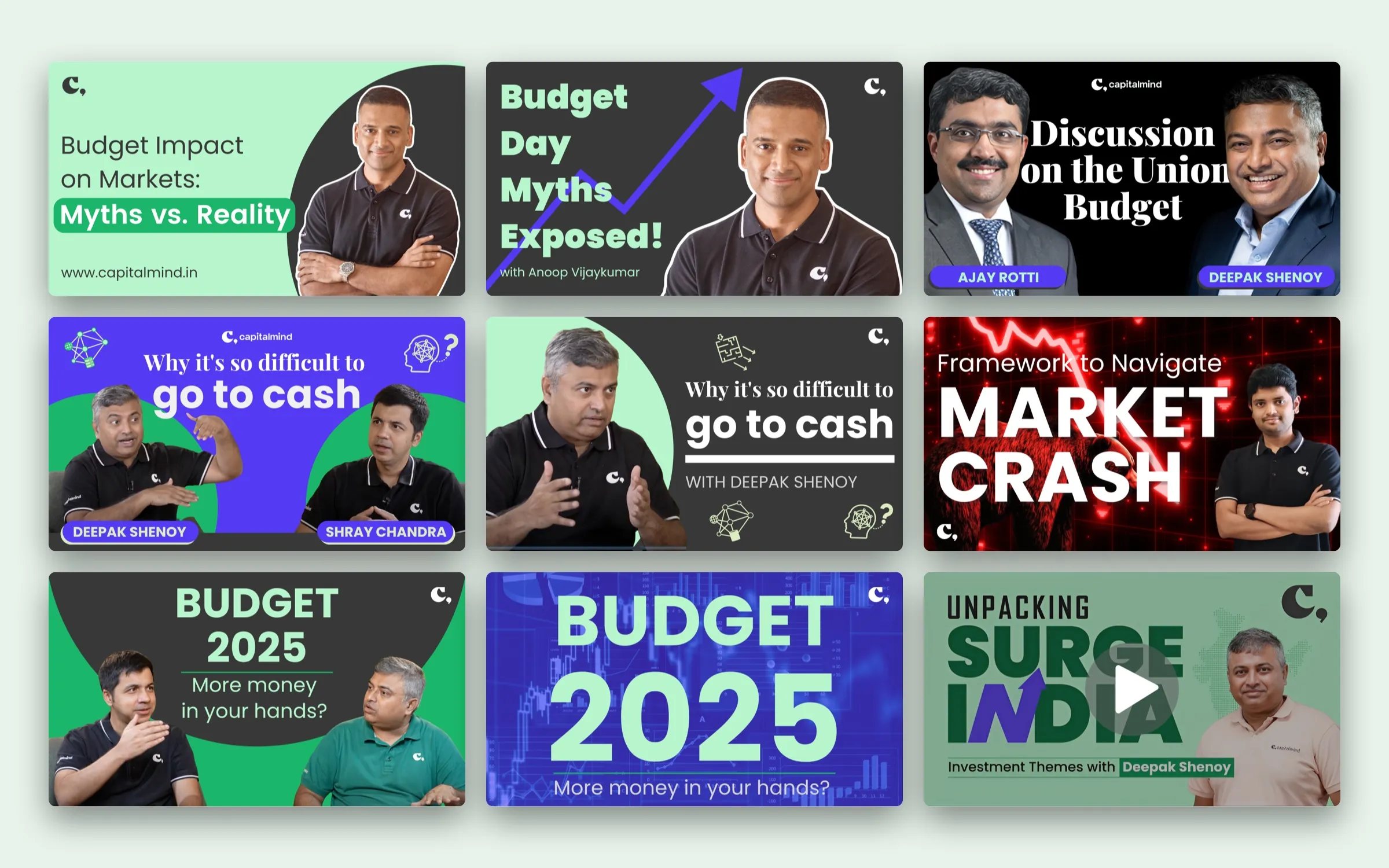 Nine Capitalmind YouTube thumbnails in a grid: Budget myths, Union Budget discussions, going to cash, a market-crash framework, Budget 2025 and Unpacking Surge India, in green, black and electric blue with portraits of the hosts.