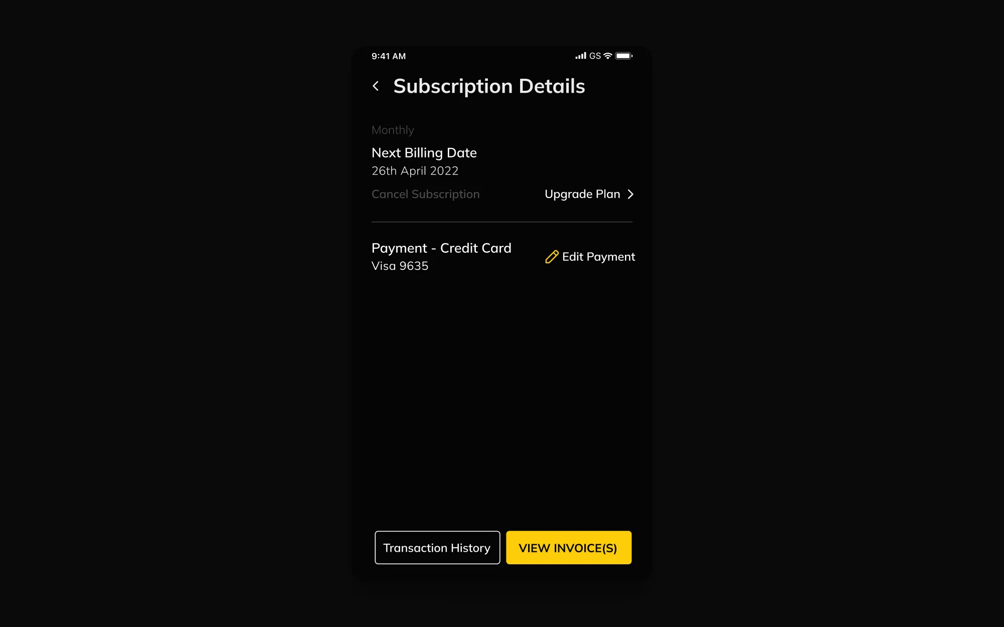 Subscription Details on the phone: the next billing date, Upgrade Plan, the card on file, and Transaction History and View Invoice(s).