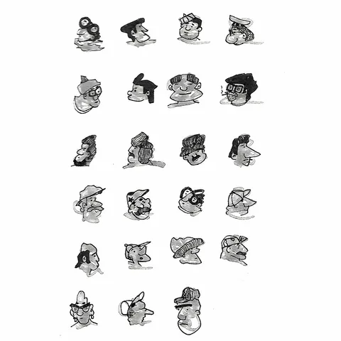 A sheet of cartoon heads in loose ink and grey wash, most in caps and hats.
