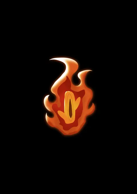 A glowing orange flame with a slit eye at its centre, on black.