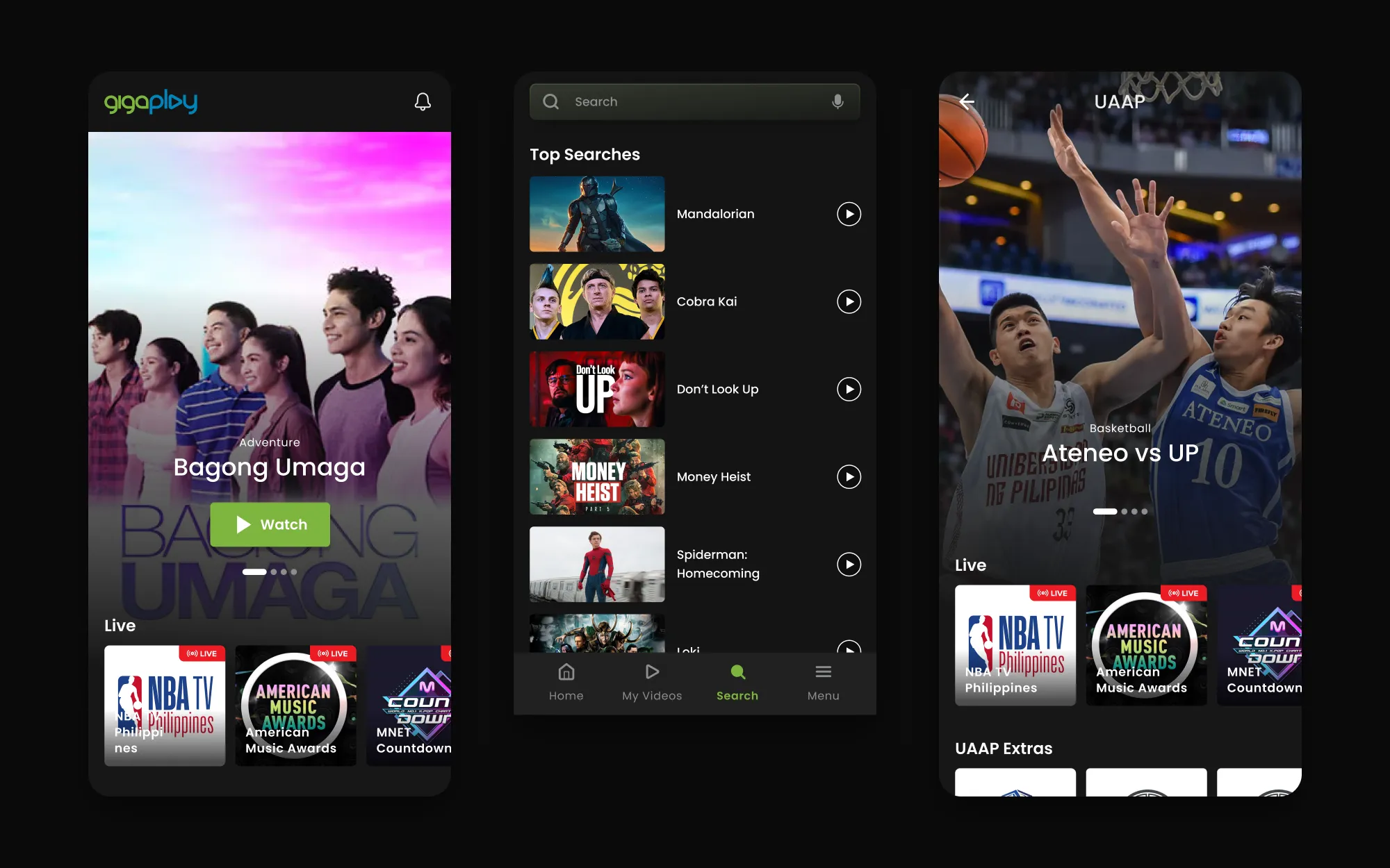 Three phone screens: the Gigaplay home with a featured show and a Live rail; search with top searches such as Mandalorian and Cobra Kai; and a UAAP channel page with a basketball hero, Live and UAAP Extras rails.