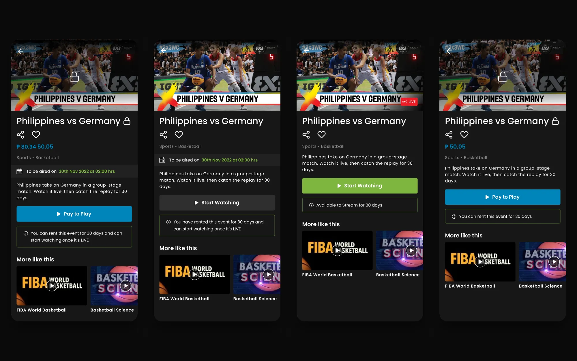 Four phone screens for a pay-per-view basketball event, Philippines vs Germany: before purchase with the price and Pay to Play; after purchase with Start Watching disabled until it airs; when it's live with Start Watching active and a LIVE badge; and after it aired, available to rent again.