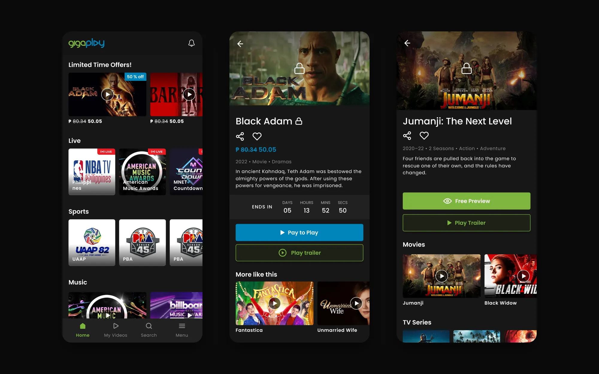 Three phone screens: the home with a Limited Time Offers rail at 50% off; Black Adam with a countdown showing when the offer ends; and Jumanji: The Next Level with a Free Preview button.