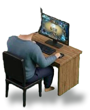 Miniature Suhruth seen from behind, gaming at a PC with headphones on