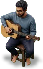Miniature Suhruth playing an acoustic guitar on a stool