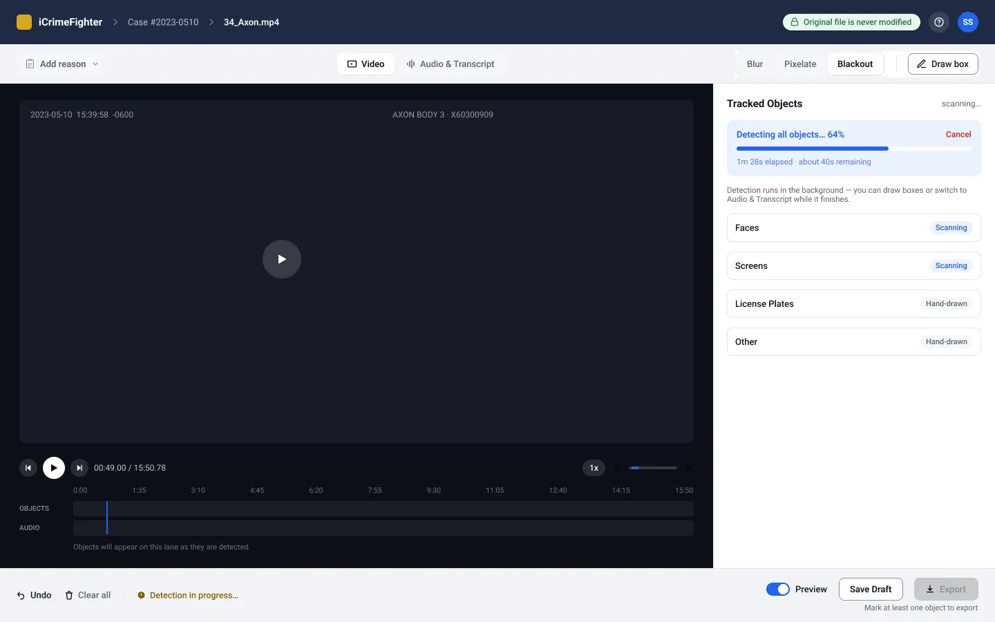 The video workspace while detection runs: 'Detecting all objects… 64%, 1m 28s elapsed · about 40s remaining', with a note that detection runs in the background.
