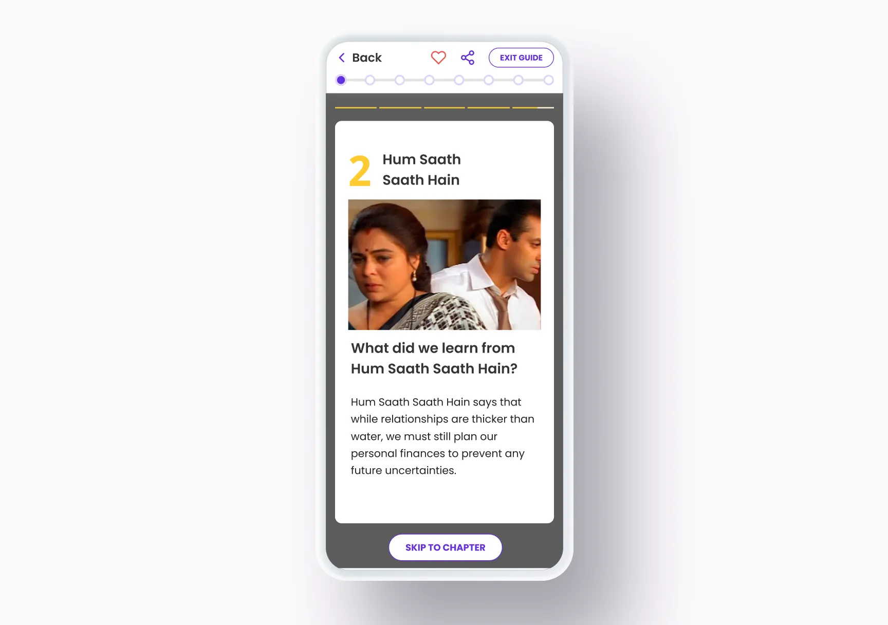On a phone, a guide card: '2. Hum Saath Saath Hain. What did we learn from Hum Saath Saath Hain?', with a still from the film and a lesson about planning personal finances even within a close family.