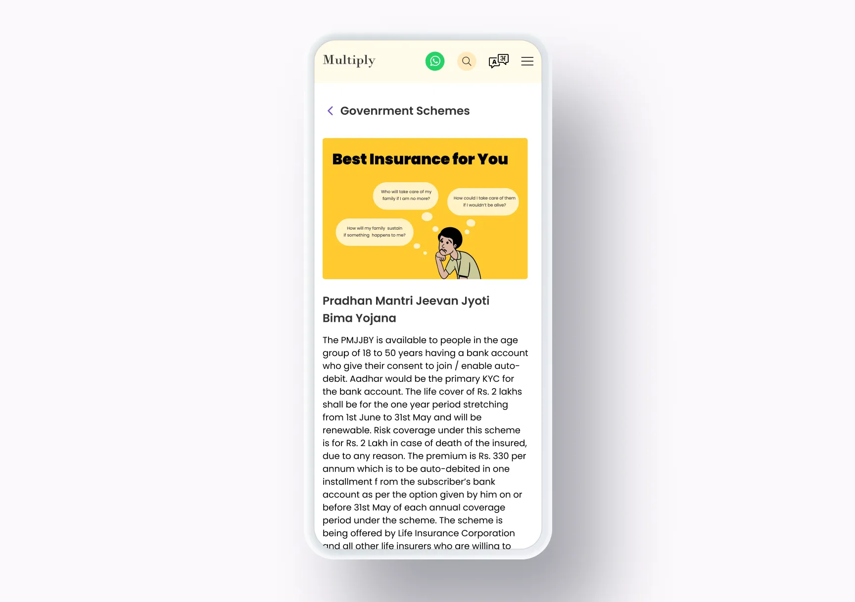 On a phone, the Government Schemes page for Pradhan Mantri Jeevan Jyoti Bima Yojana, with an illustrated 'Best Insurance for You' banner and a plain explanation of who can join and what it covers.