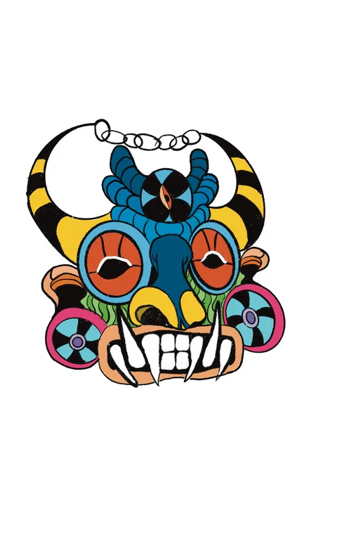 A colourful folk-style mask with striped horns, big orange eyes in blue rims, fangs and pinwheel ears, hanging from a chain.