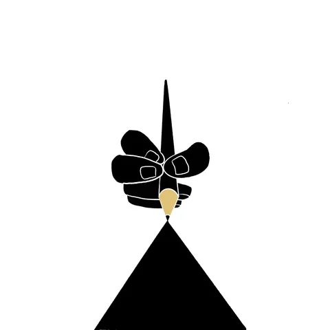 A black hand gripping a pencil whose tip meets the peak of a black triangle below.