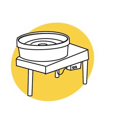 A line drawing of an electric pottery wheel on a yellow circle.