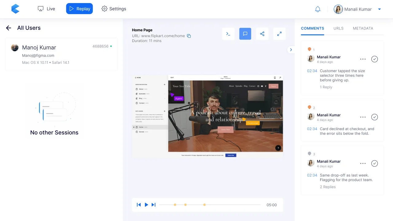 A session playing back in Replay, with comment markers on the timeline under it and a Comments panel of three threads, each pinned to a timestamp such as 02:34: 'Customer tapped the size selector three times here before giving up.'