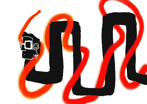 A black blocky serpent with a face in glasses, wound through by glowing red and orange ribbons.
