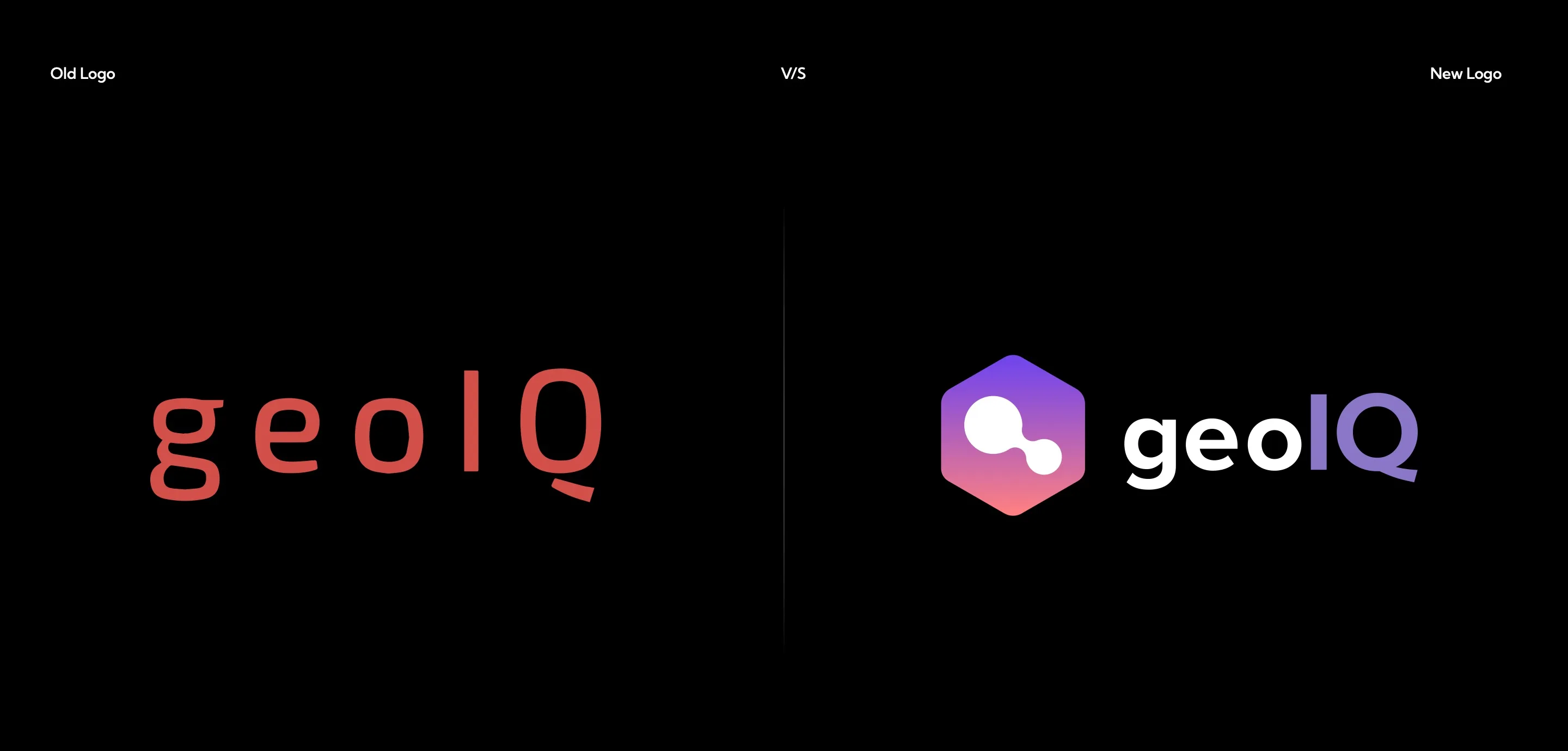 Old logo versus new: the old red, widely-spaced 'geolQ' wordmark on the left; the new gradient hexagon mark and wordmark on the right.