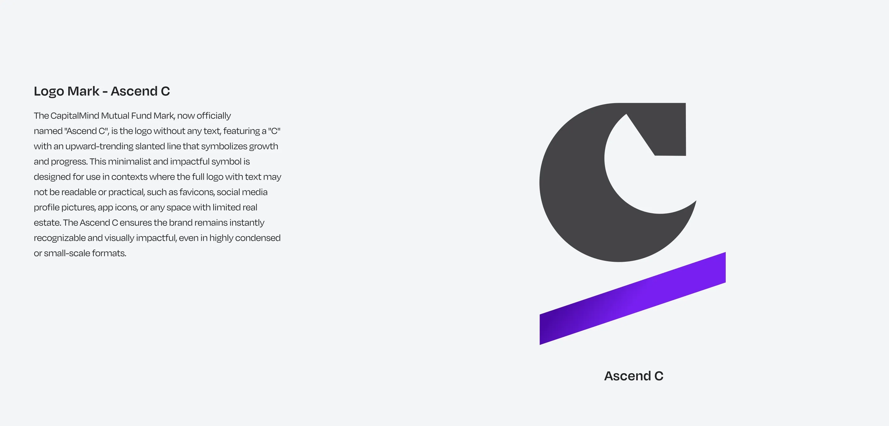 The logo mark, named Ascend C: a bold dark grey C above an upward-slanting bar in a purple gradient.