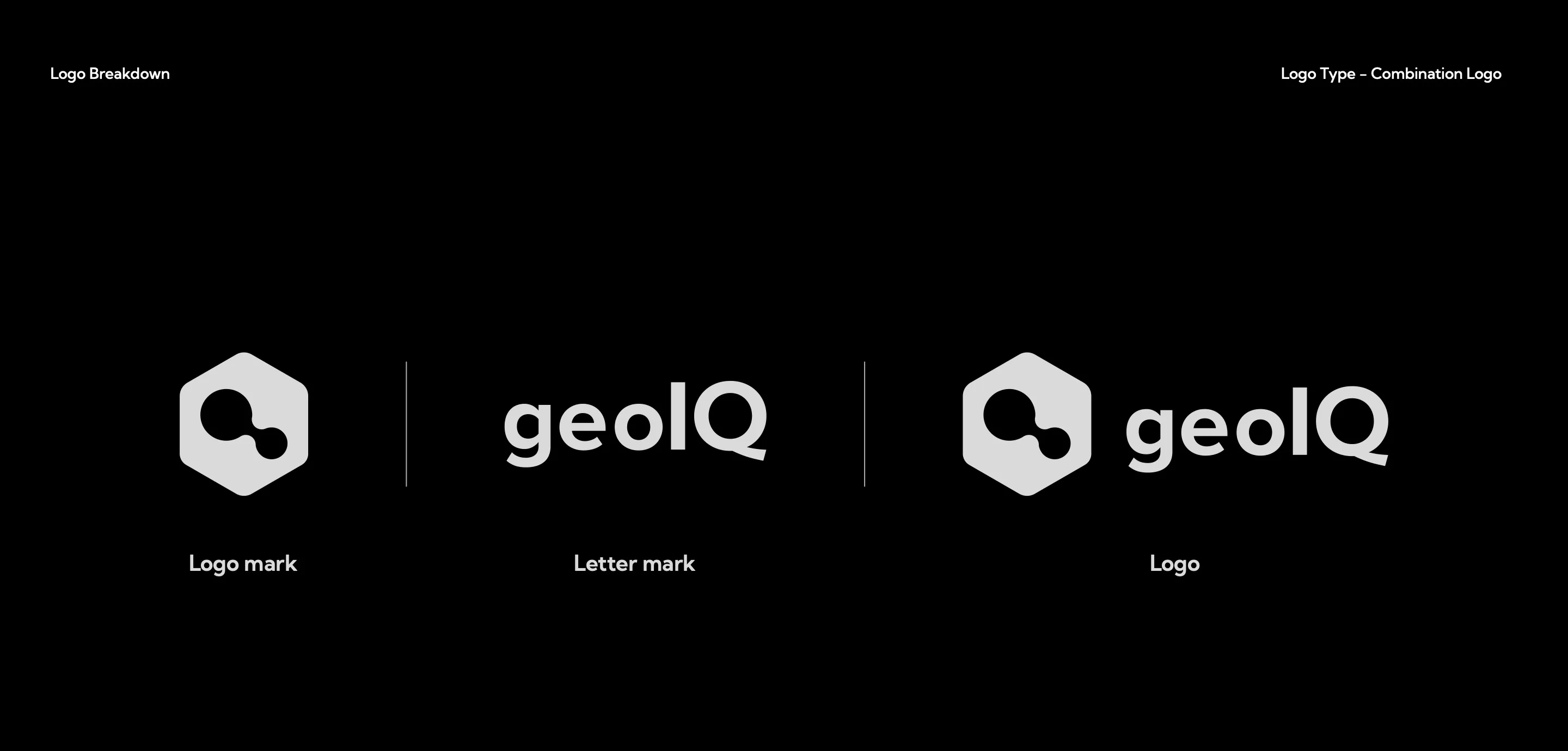 Logo breakdown: the logo mark, the letter mark 'geoIQ', and the combined logo, shown side by side in light grey.