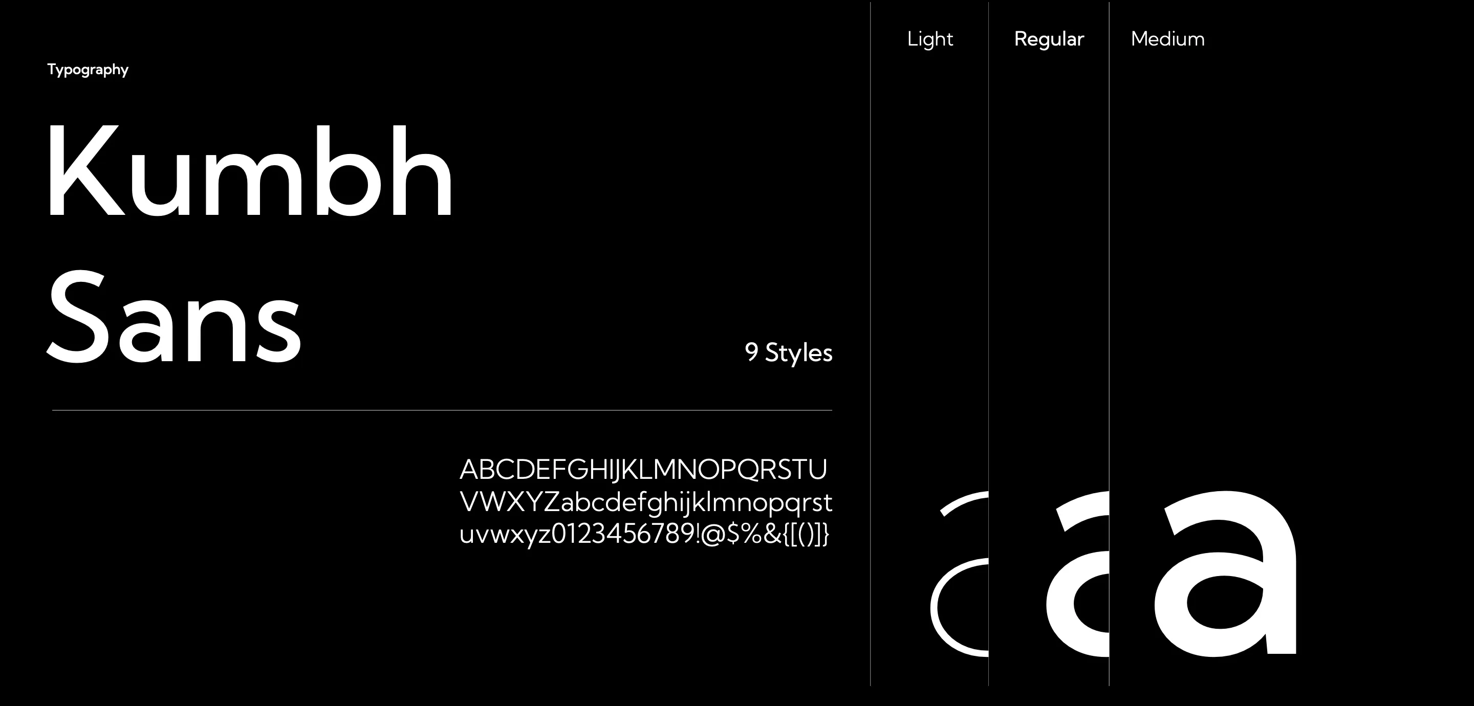 Typography: Kumbh Sans in nine styles, with Light, Regular and Medium weights shown as large 'a' glyphs.
