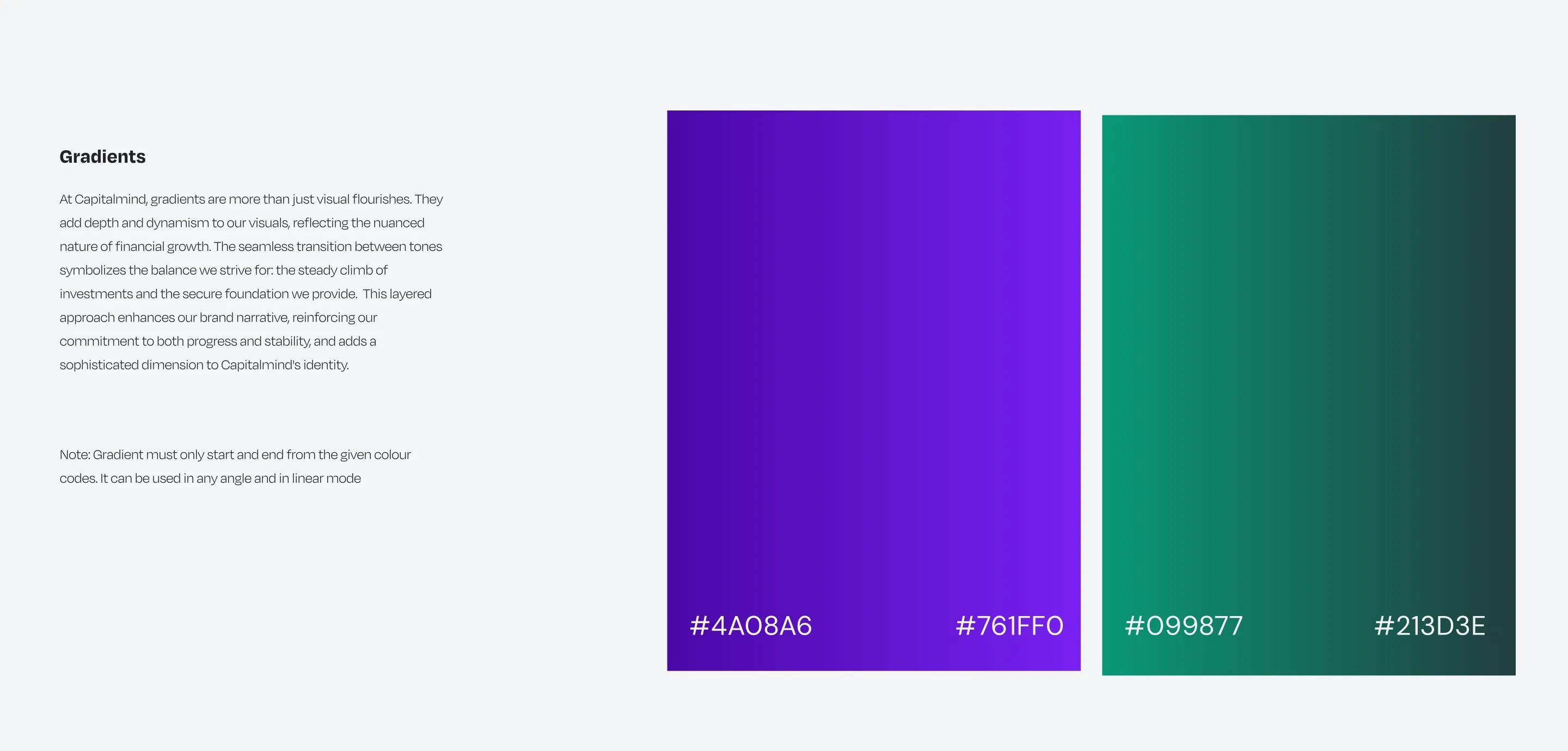 Two brand gradients: Royal Indigo #4A08A6 to Electric Purple #761FF0, and Veronese Green #099877 to Deep Leaf Green #213D3E.