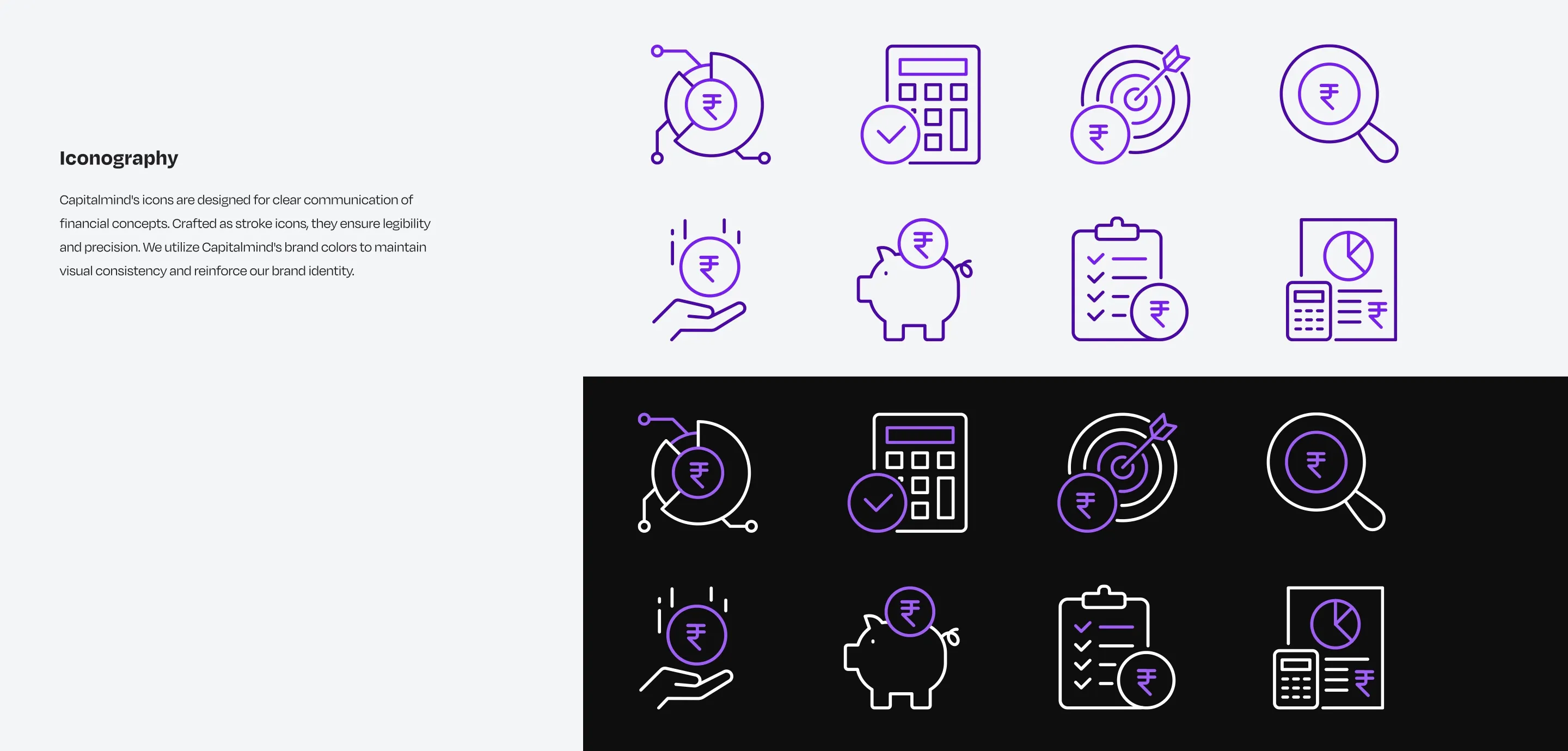Line icons in purple on light and dark backgrounds: a rupee cycle, a calculator, a target, a magnifier over a rupee, a hand with a coin, a piggy bank, a checklist and a report.