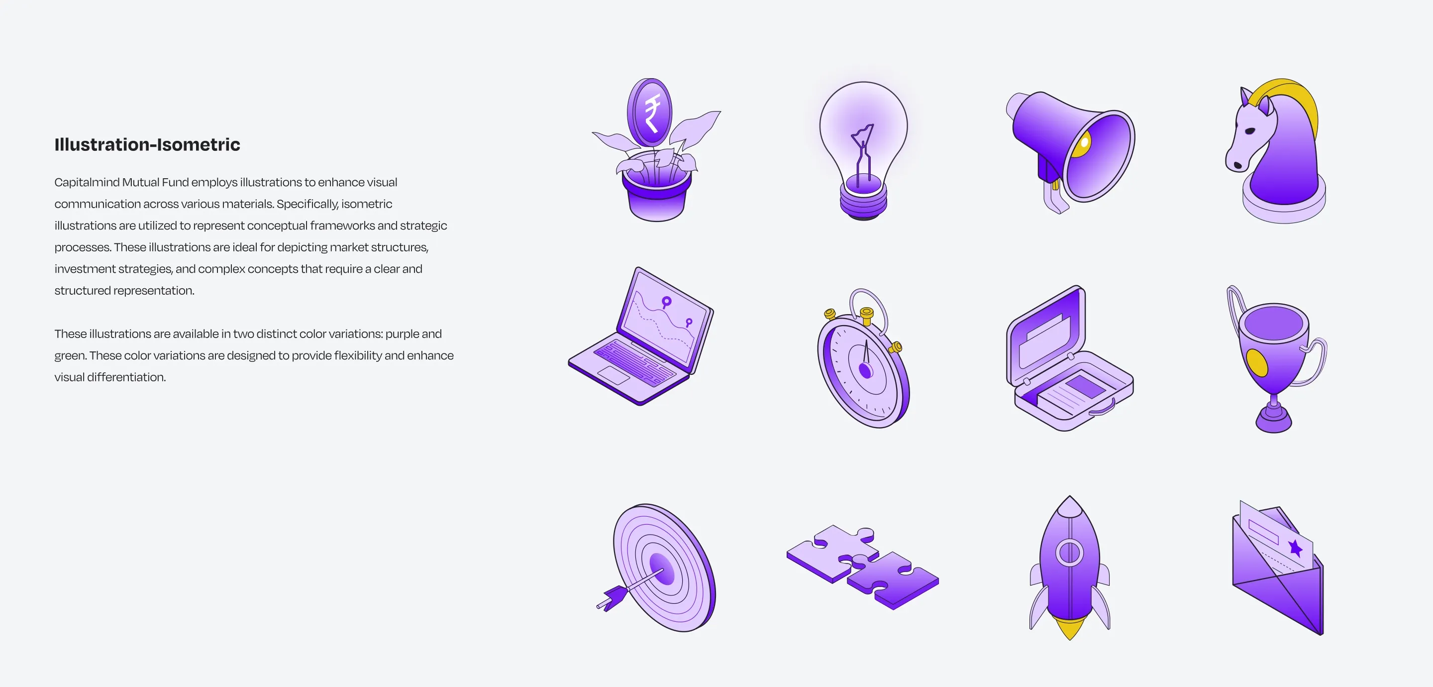Isometric illustrations in purple: a plant growing a rupee coin, a light bulb, a megaphone, a chess knight, a laptop, a stopwatch, a wallet, a trophy, a target, puzzle pieces, a rocket and an envelope.