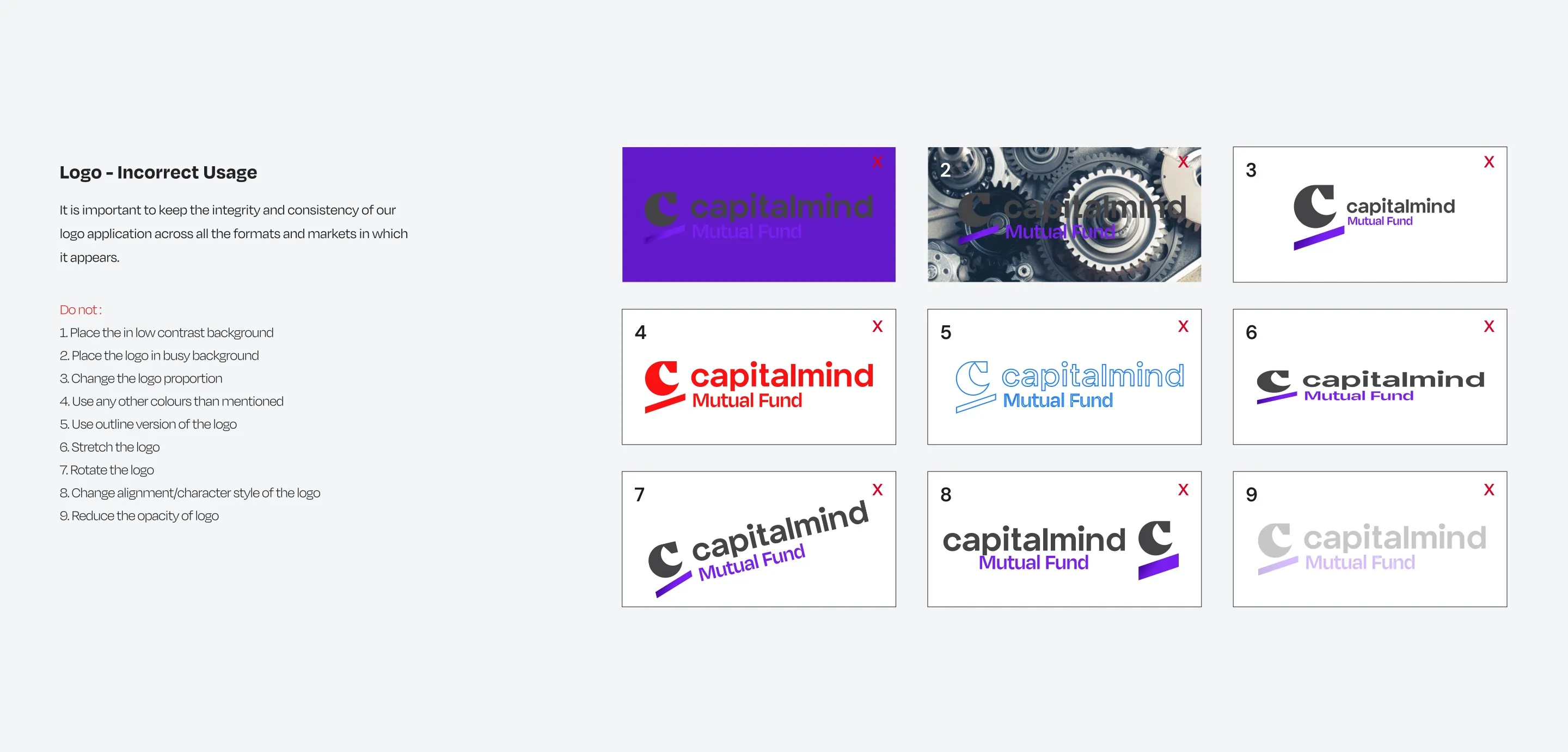 Incorrect logo usage: nine crossed-out examples, including the logo on a low-contrast purple background, on a busy photo, recoloured, outlined, stretched, rotated, rearranged and faded.