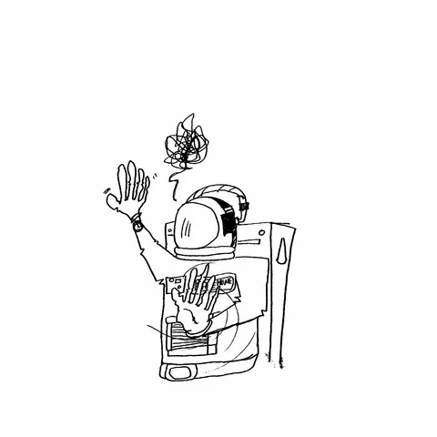 A pen sketch of an astronaut from behind, waving, a SPACEMONK badge on the suit and a tangled scribble above the helmet.