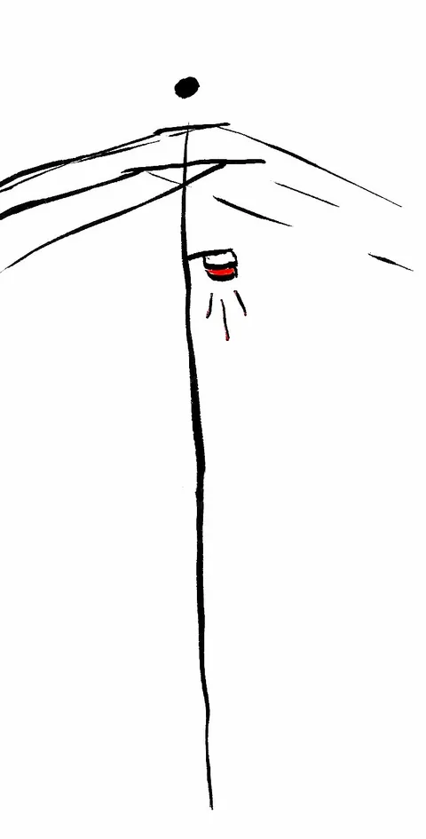 A lone electric pole in brush ink with wires fanning out and a small red lamp glowing under its arm.